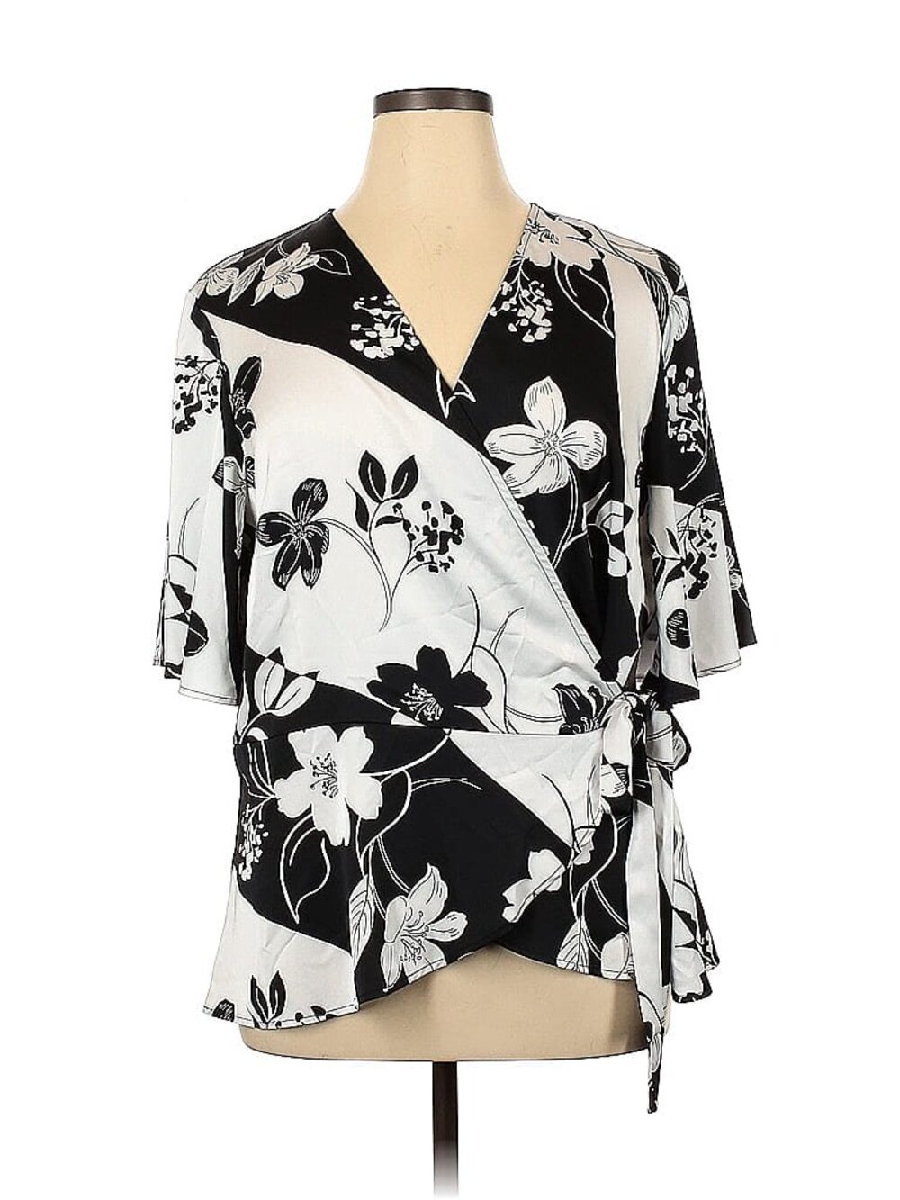 Joseph Ribkoff wrap top, black and white, short sleeve blouse, graphic floral